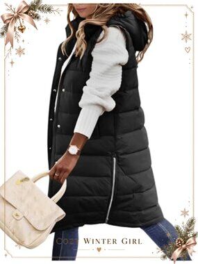 Women's Long Quilted Puffer Vest Hooded Sleeveless Zip Up Winter Coat